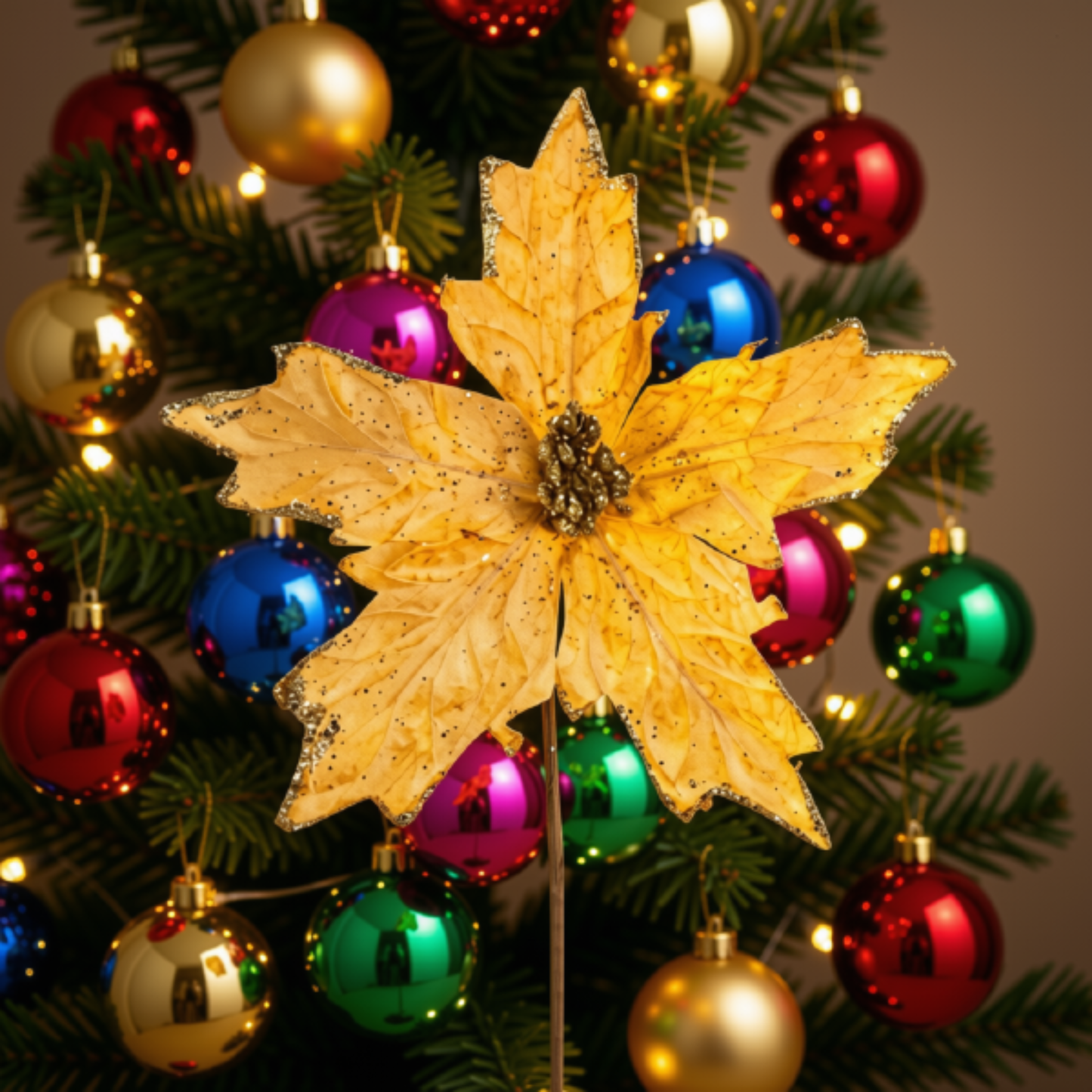 Kit 2 Flores Cabo Artificial Decoração de Natal Brilho 25cm Flor Vermelha Árvore Natal