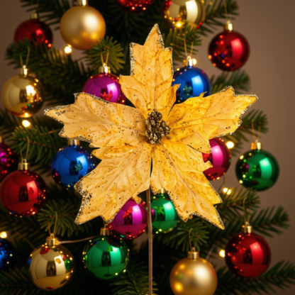 Kit 2 Flores Cabo Artificial Decoração de Natal Brilho 25cm Flor Vermelha Árvore Natal