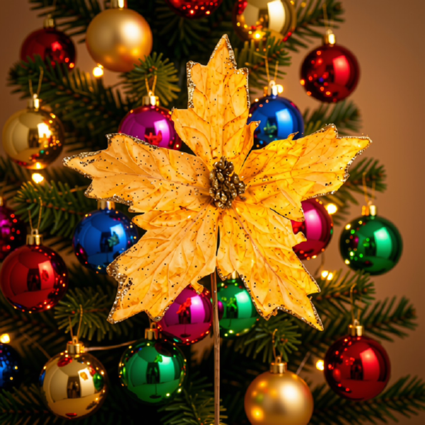 Kit 2 Flores Cabo Artificial Decoração de Natal Brilho 25cm Flor Vermelha Árvore Natal