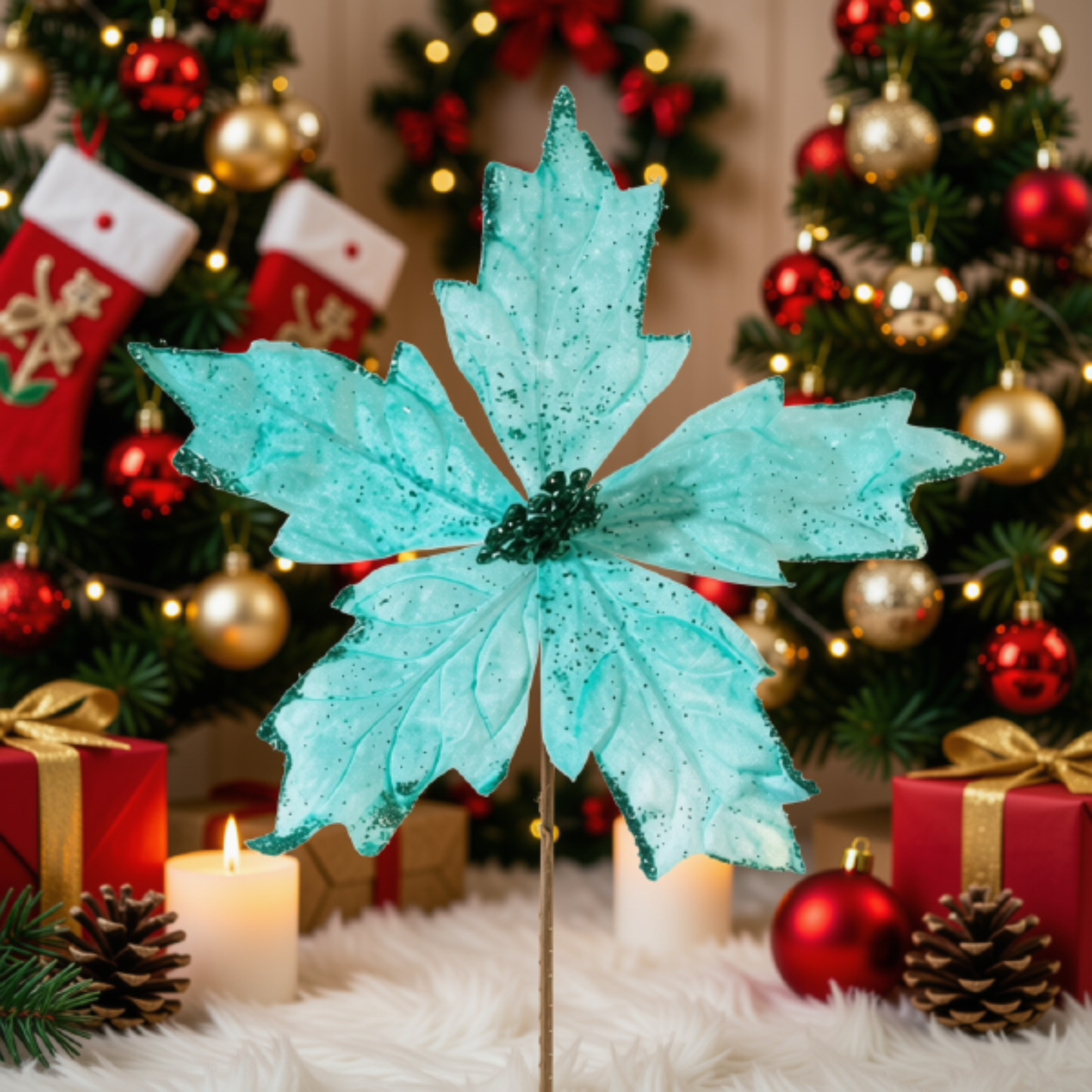 Kit 2 Peças Flores Decoração Natal Artificial Brilho Azul 19cm Flor Azul Claro Artificial Natal
