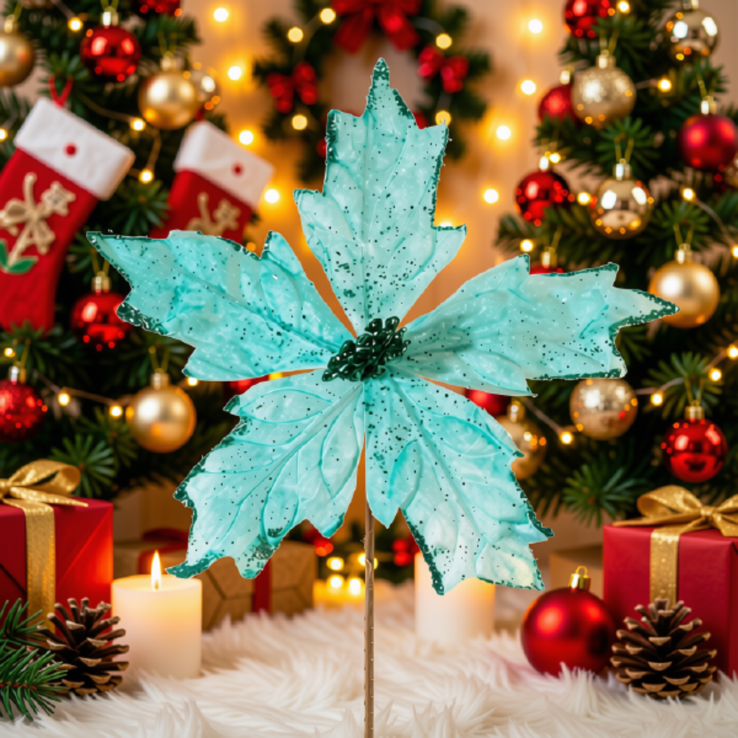 Kit 2 Peças Flores Decoração Natal Artificial Brilho Azul 19cm Flor Azul Claro Artificial Natal