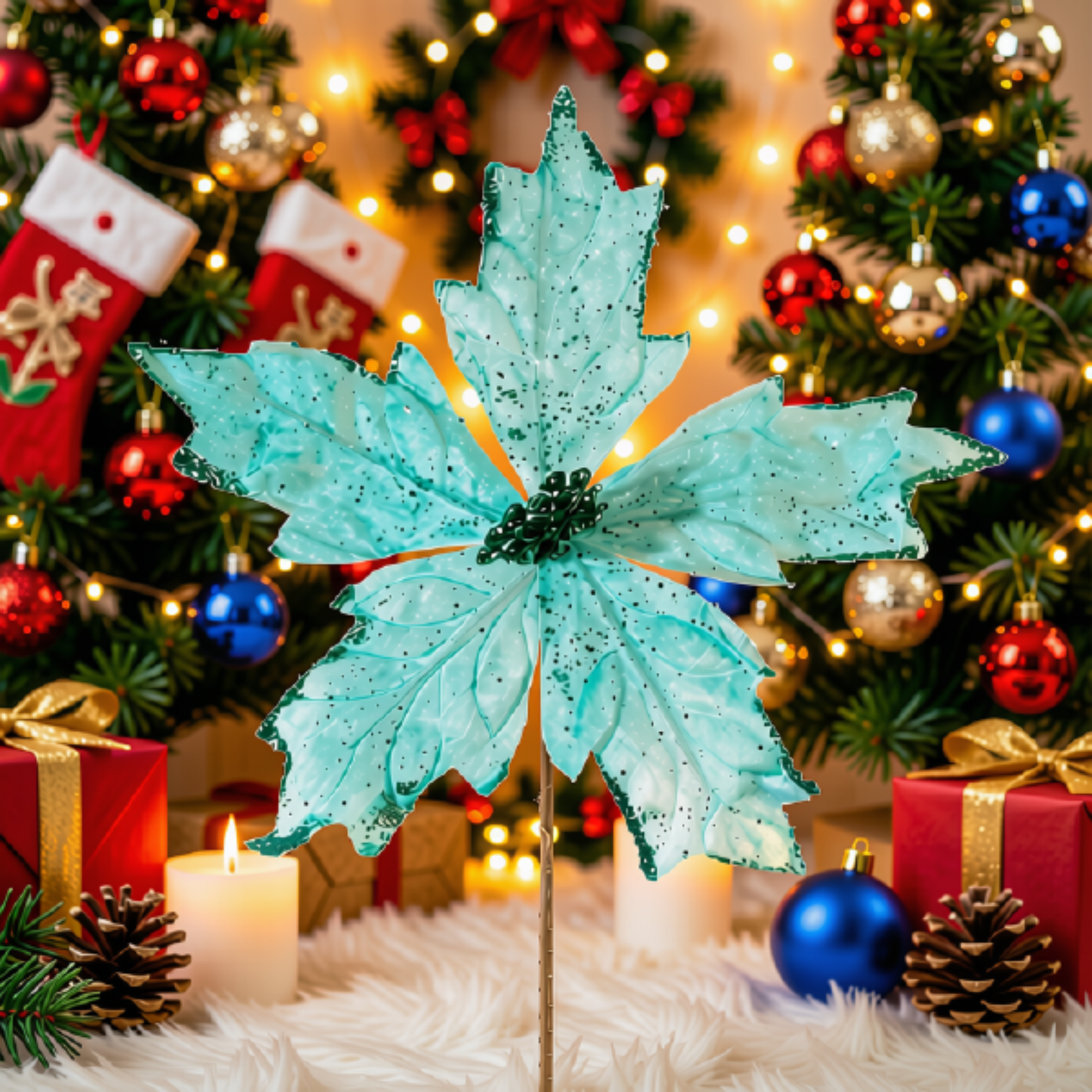 Kit 2 Peças Flores Decoração Natal Artificial Brilho Azul 19cm Flor Azul Claro Artificial Natal