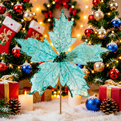 Kit 2 Peças Flores Decoração Natal Artificial Brilho Azul 19cm Flor Azul Claro Artificial Natal