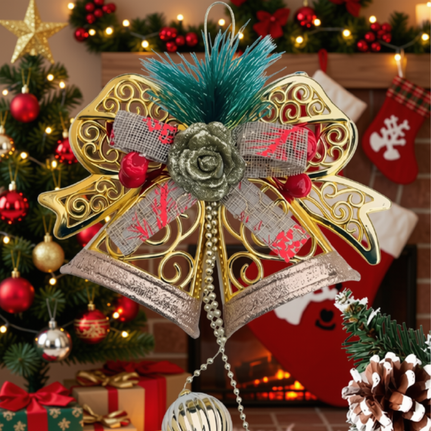 Enfeite Pendente Natalino Sino Laço Bolas Decoração Natal Enfeite Pendente Natalino Sino