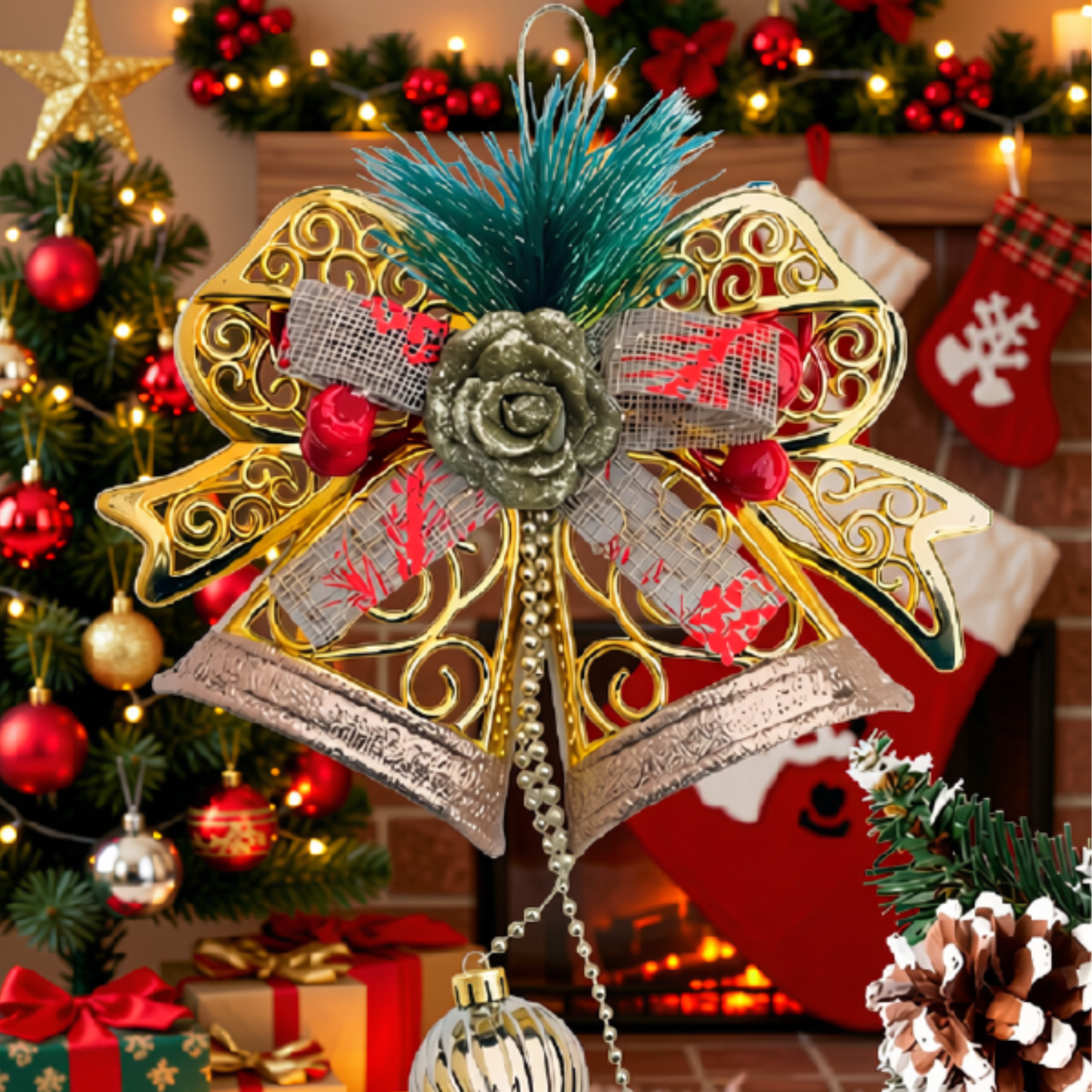 Enfeite Pendente Natalino Sino Laço Bolas Decoração Natal Enfeite Pendente Natalino Sino