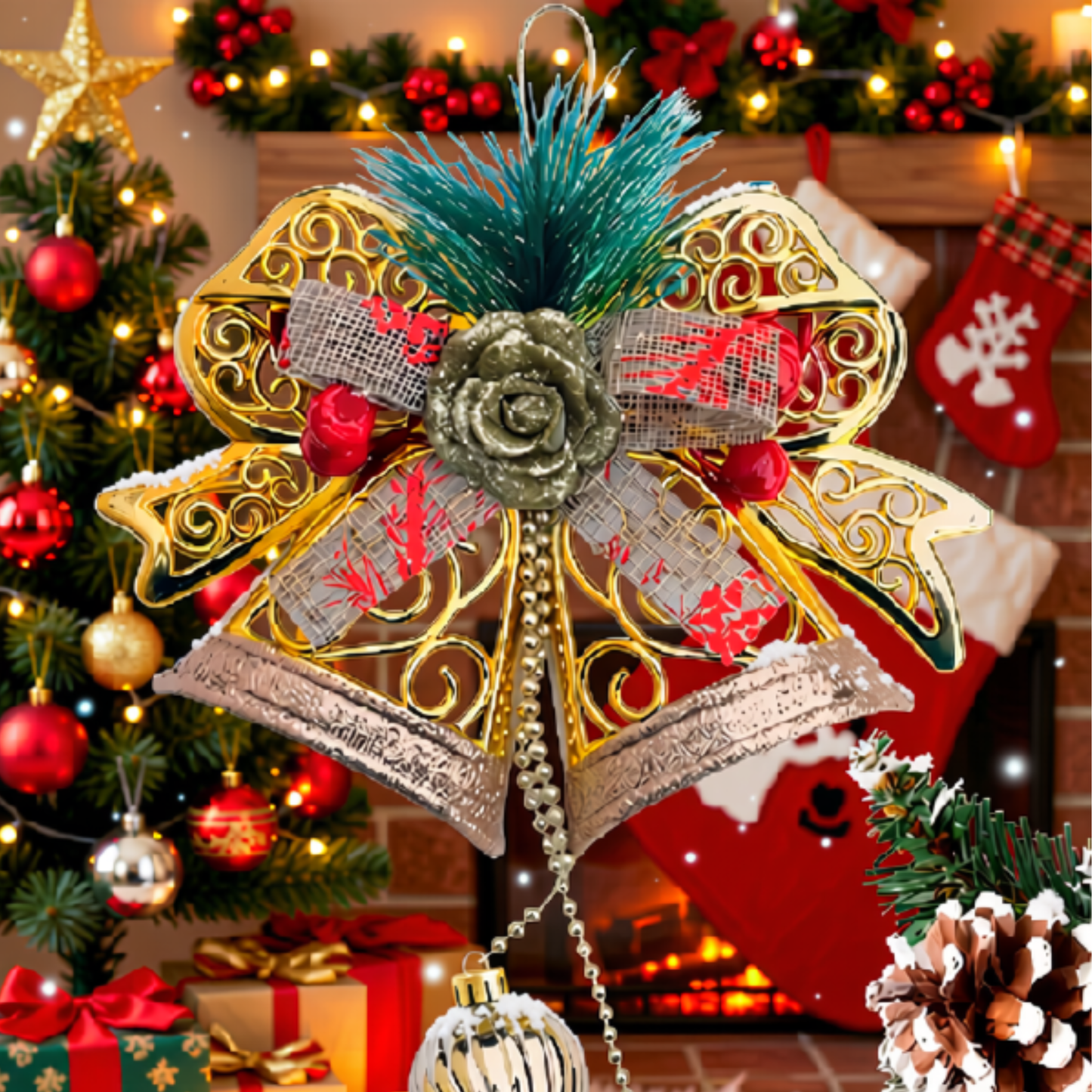 Enfeite Pendente Natalino Sino Laço Bolas Decoração Natal Enfeite Pendente Natalino Sino