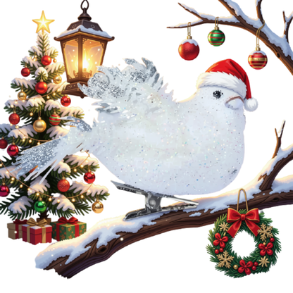 Kit 4 Decoração Natal Presilha Pássaro Branco com Glitter Pássaro Branco Árvore de Natal