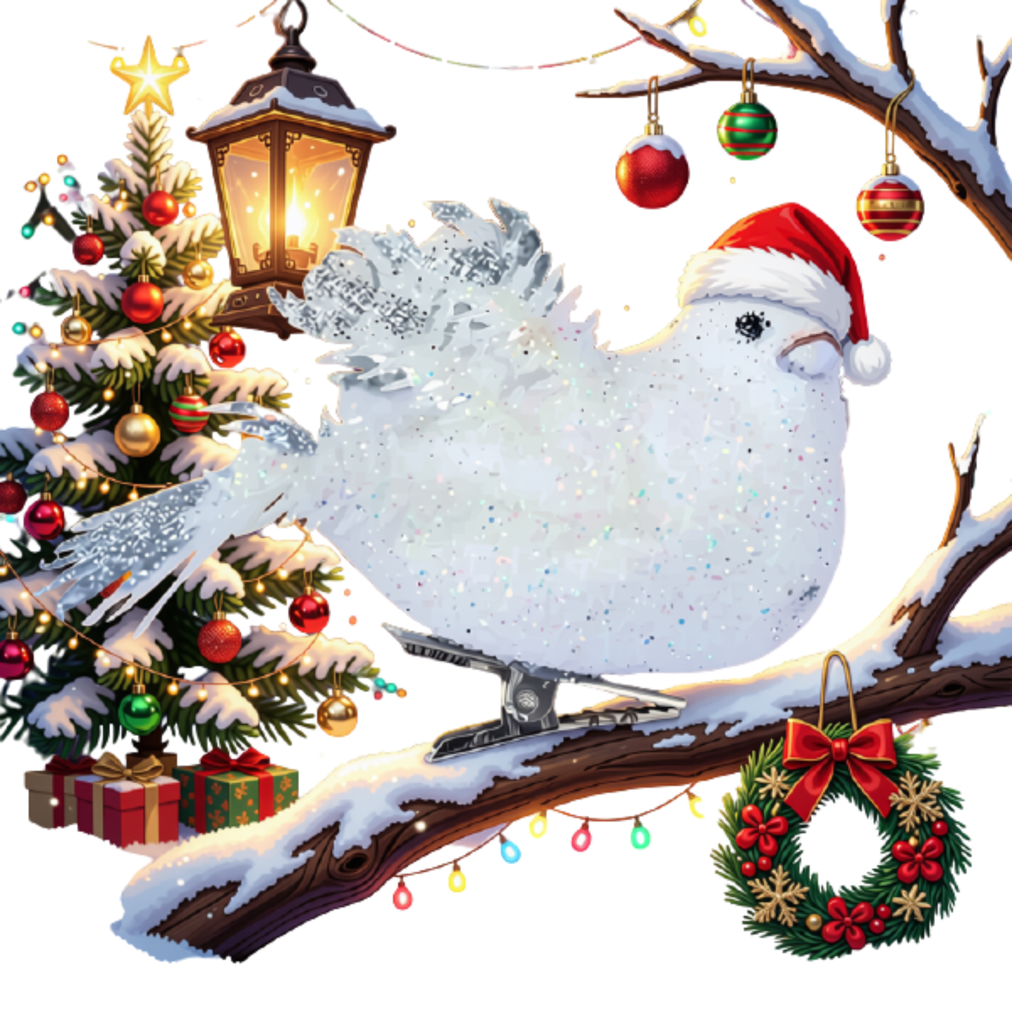 Kit 4 Decoração Natal Presilha Pássaro Branco com Glitter Pássaro Branco Árvore de Natal