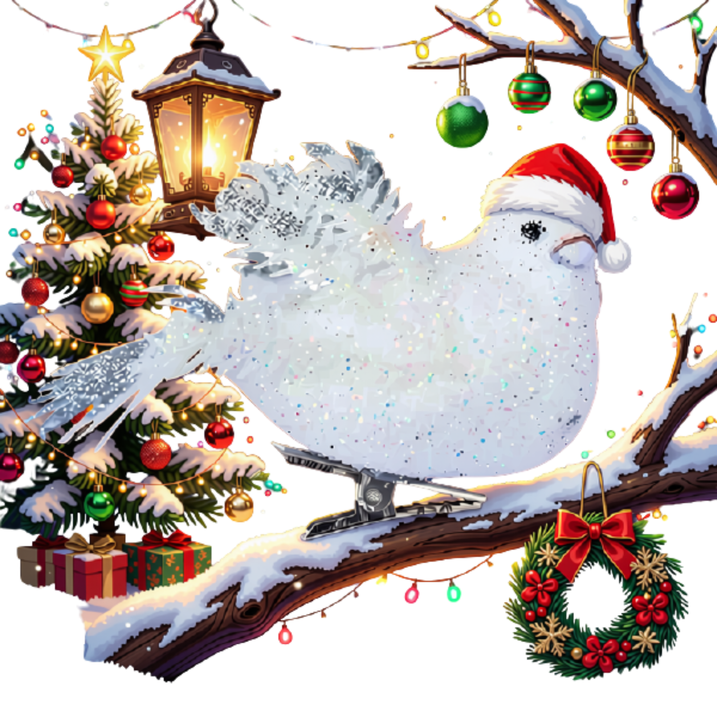 Kit 4 Decoração Natal Presilha Pássaro Branco com Glitter Pássaro Branco Árvore de Natal