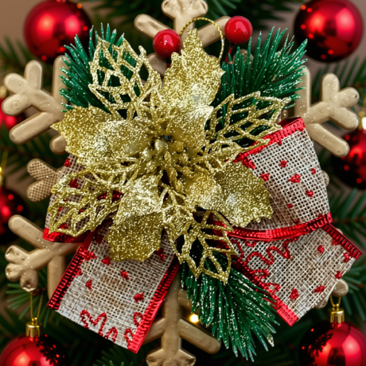 Enfeite Pendente Natalino Laço Arranjo Decoração Natal 15cm Flor Dourado Árvore Natal