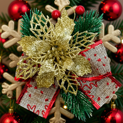 Enfeite Pendente Natalino Laço Arranjo Decoração Natal 15cm Flor Dourado Árvore Natal