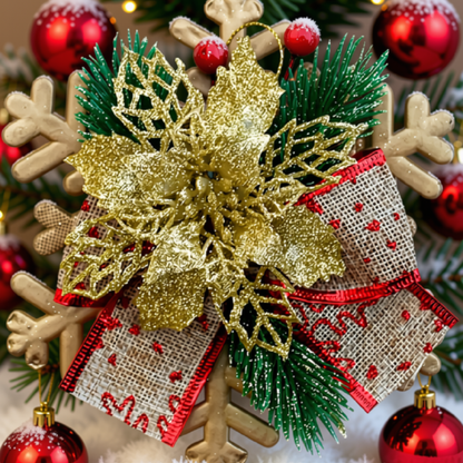 Enfeite Pendente Natalino Laço Arranjo Decoração Natal 15cm Flor Dourado Árvore Natal