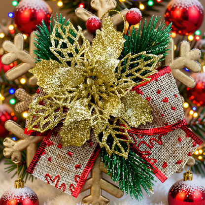 Enfeite Pendente Natalino Laço Arranjo Decoração Natal 15cm Flor Dourado Árvore Natal