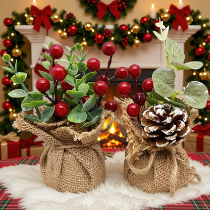 Vaso Cereja Pinha 2 Peças Arranjos Enfeite Mesa Natal Vaso Cereja Pinha 15cm Arranjos