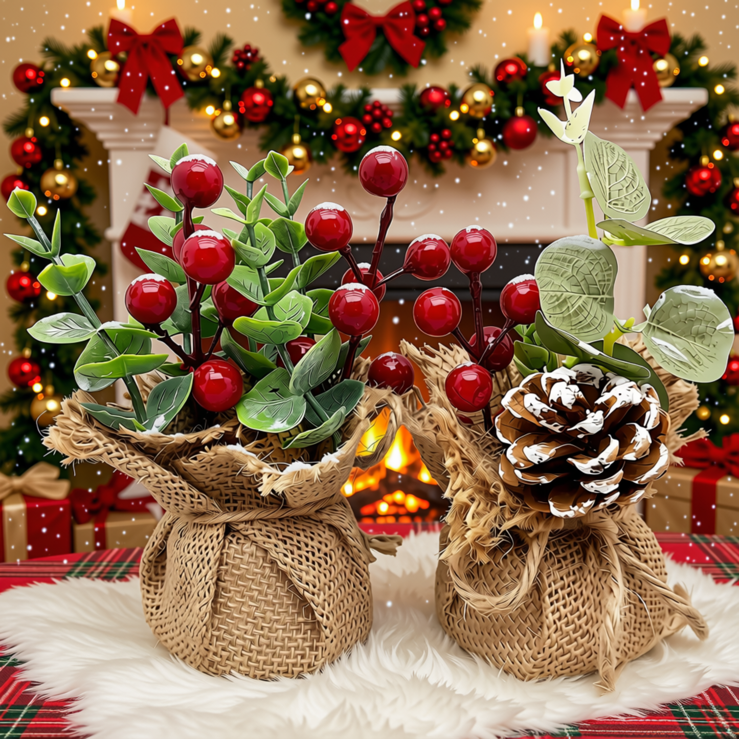 Vaso Cereja Pinha 2 Peças Arranjos Enfeite Mesa Natal Vaso Cereja Pinha 15cm Arranjos