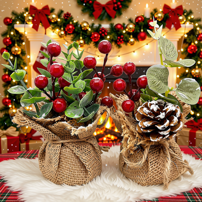 Vaso Cereja Pinha 2 Peças Arranjos Enfeite Mesa Natal Vaso Cereja Pinha 15cm Arranjos