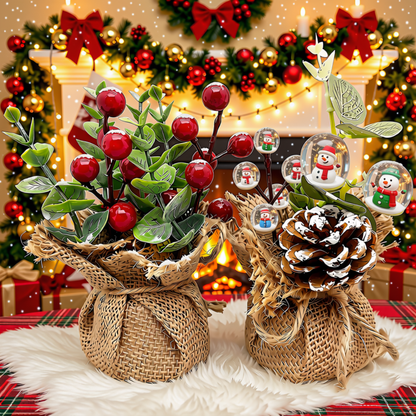 Vaso Cereja Pinha 2 Peças Arranjos Enfeite Mesa Natal Vaso Cereja Pinha 15cm Arranjos