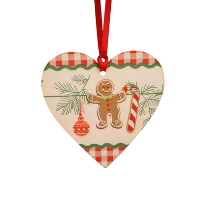 Pingente Coração Gengibre Kit 2 Enfeites Pendentes para Árvore de Natal em MDF 7cm