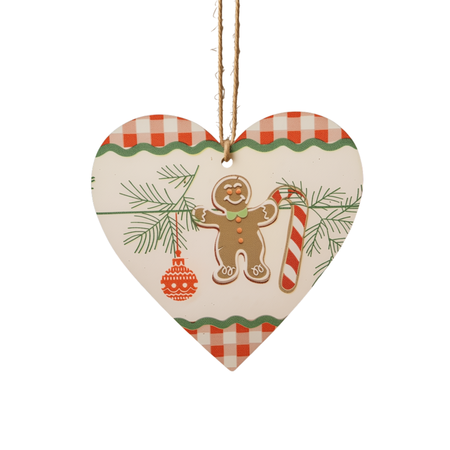 Pingente Coração Gengibre Kit 2 Enfeites Pendentes para Árvore de Natal em MDF 7cm