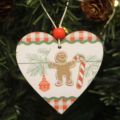 Pingente Coração Gengibre Kit 2 Enfeites Pendentes para Árvore de Natal em MDF 7cm