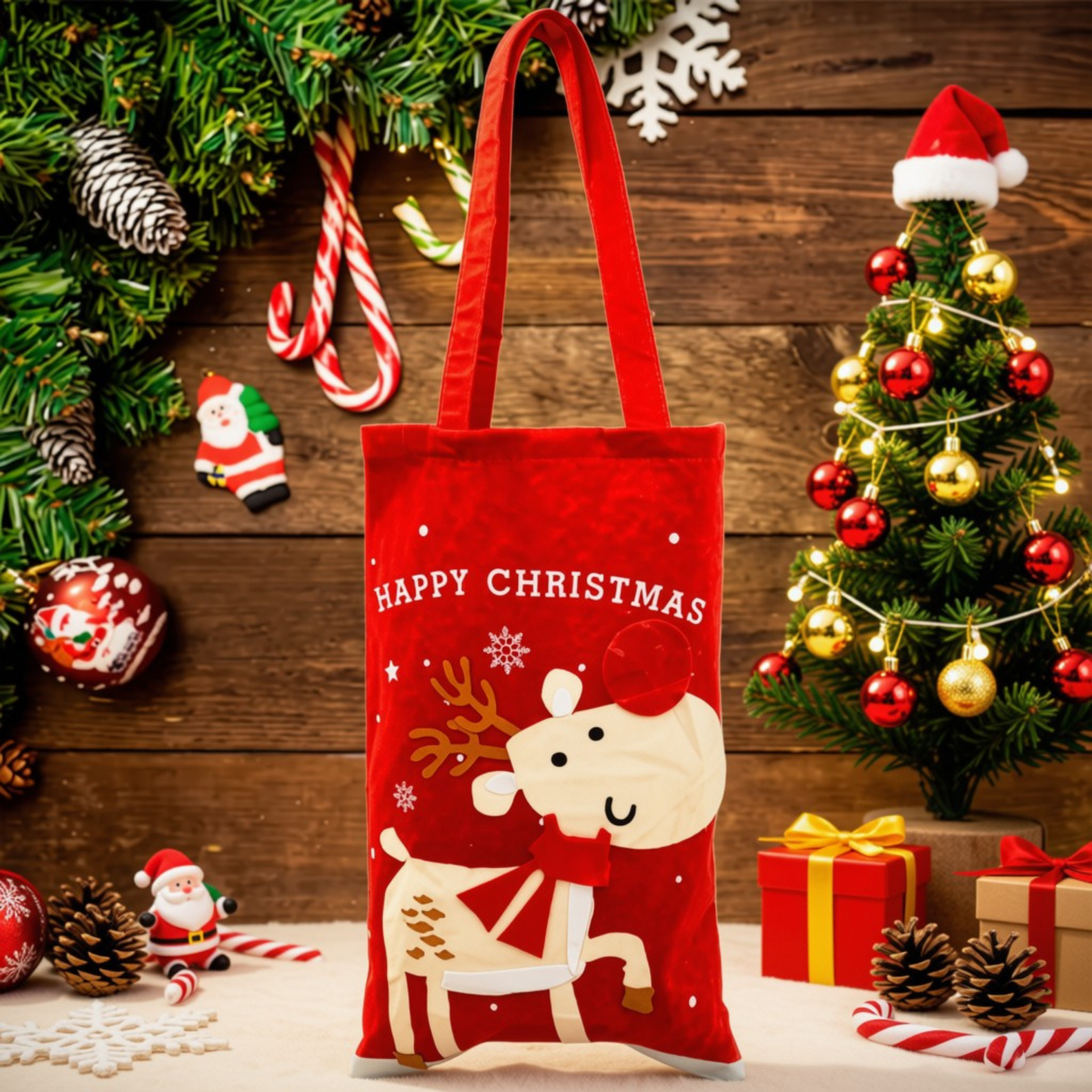 Bolsa Sacola de Presentes Enfeite Árvore de Natal Rena Alce e Bolsa Sacola de Presentes