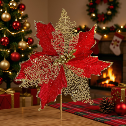 Artificial Brilho Natal Vermelho Kit 2 Flores Decoração Natal Artificial Brilho Vermelha 24cm