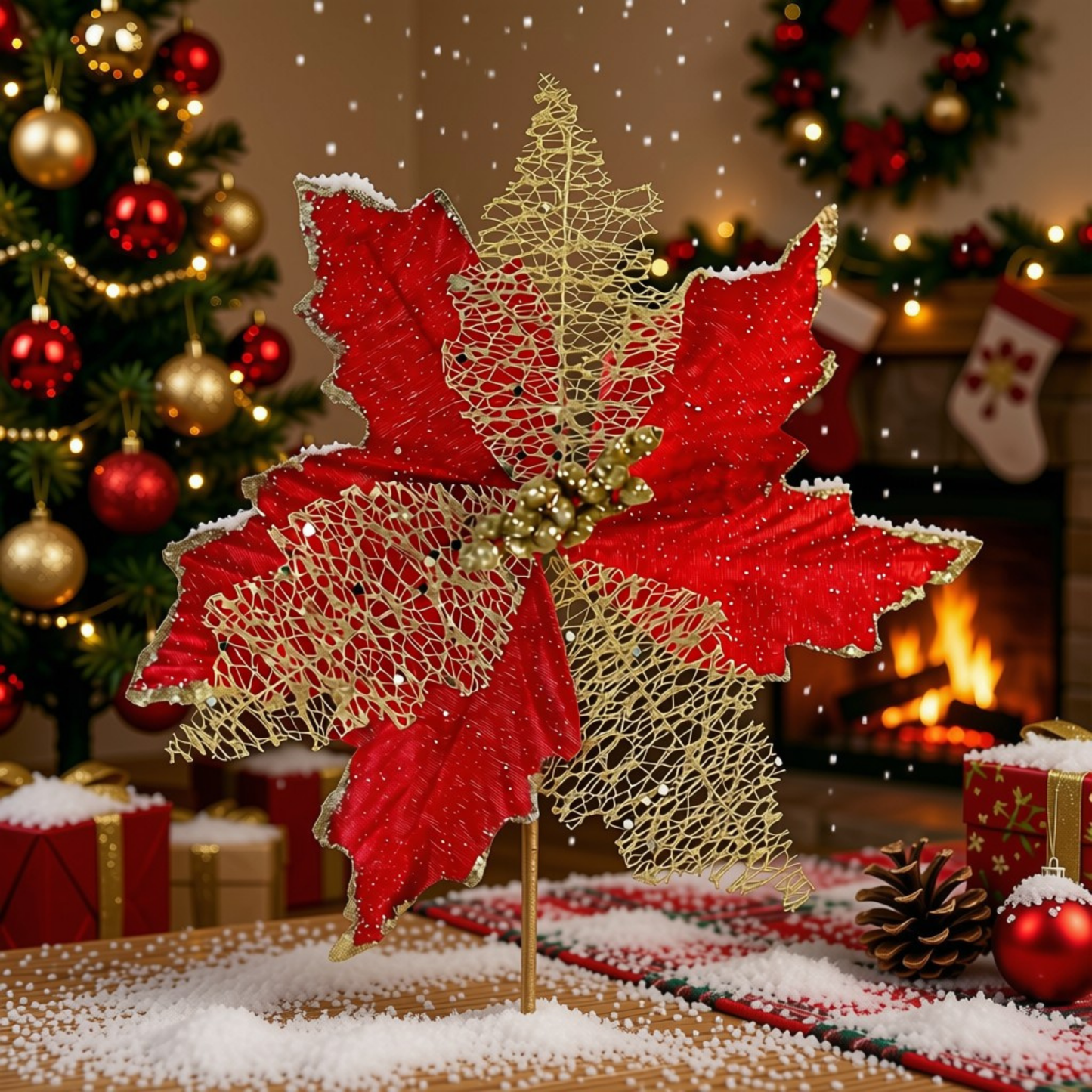 Artificial Brilho Natal Vermelho Kit 2 Flores Decoração Natal Artificial Brilho Vermelha 24cm