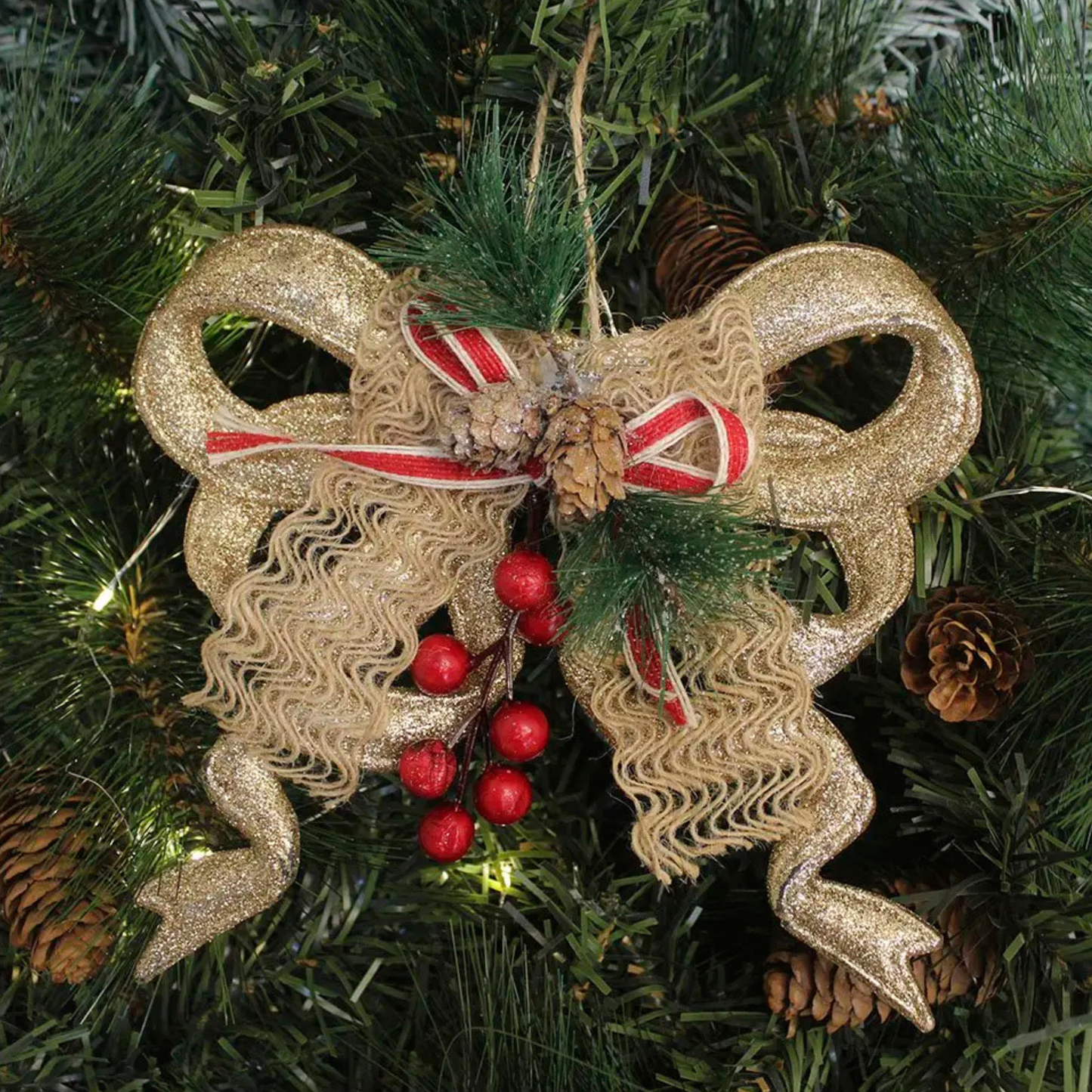 Laço Pinhais Vagas Natal Enfeite Pendente Laço Natalino Dourado com Brilho 18cm Natal