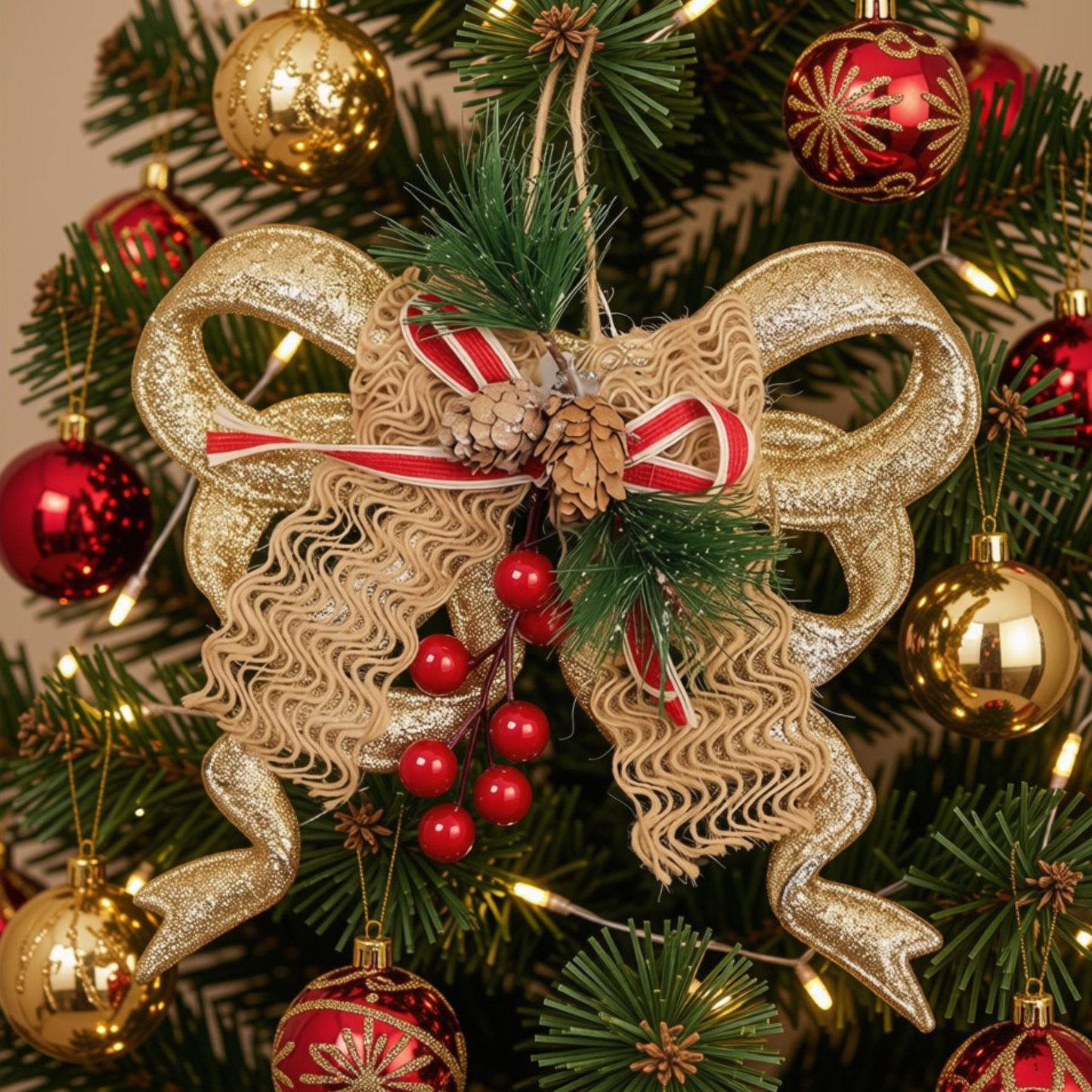 Laço Pinhais Vagas Natal Enfeite Pendente Laço Natalino Dourado com Brilho 18cm Natal