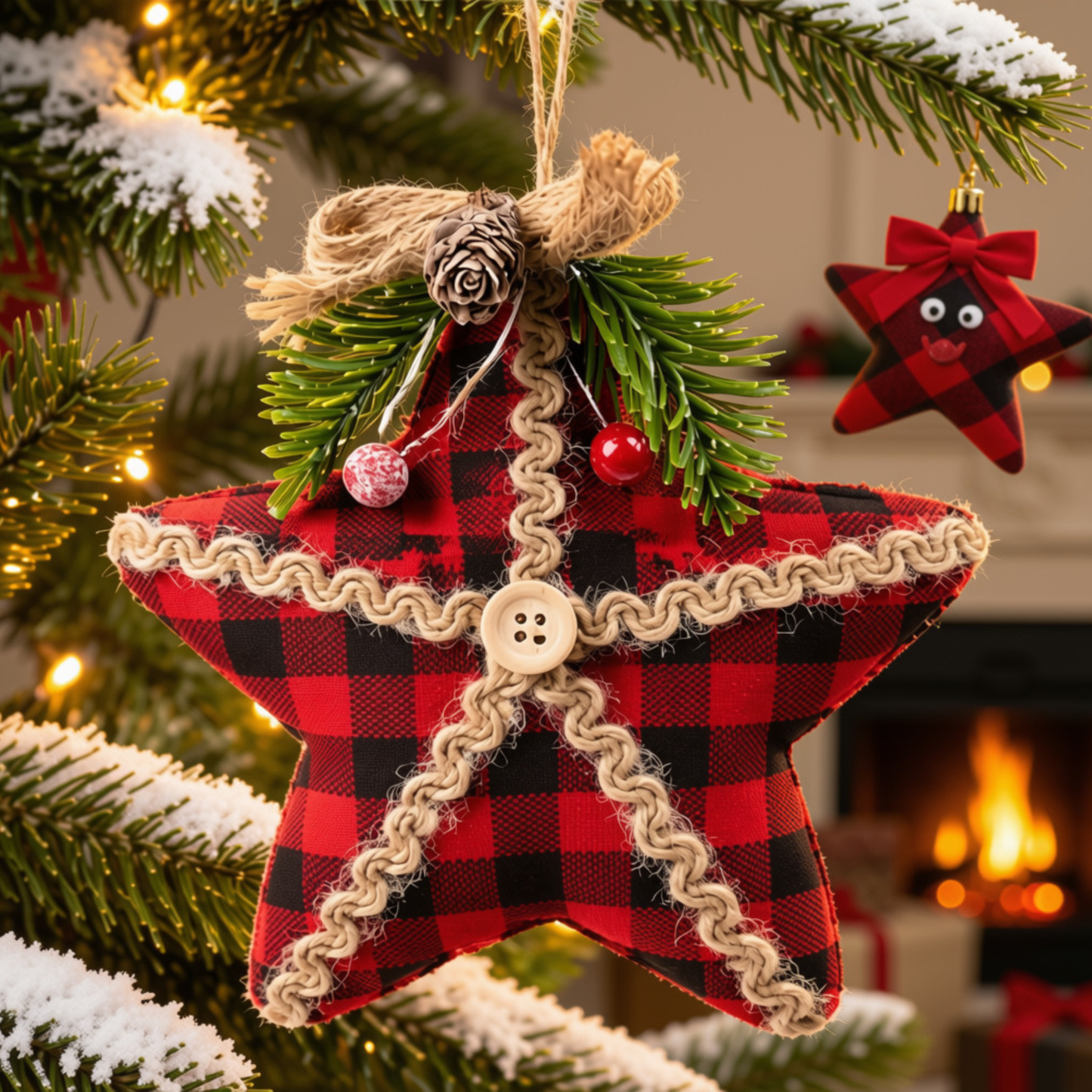 Enfeite Natal Pendurar Estrela Xadrez e 1 Enfeite Árvore Natal Pendente Natalino Estrela 15cm