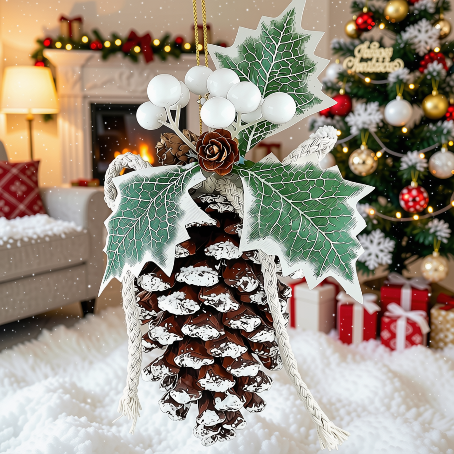 Pinha Nevado Enfeite Árvore Natal 2 Peças e Pendentes Pinha Nevado Enfeite Árvore Natal