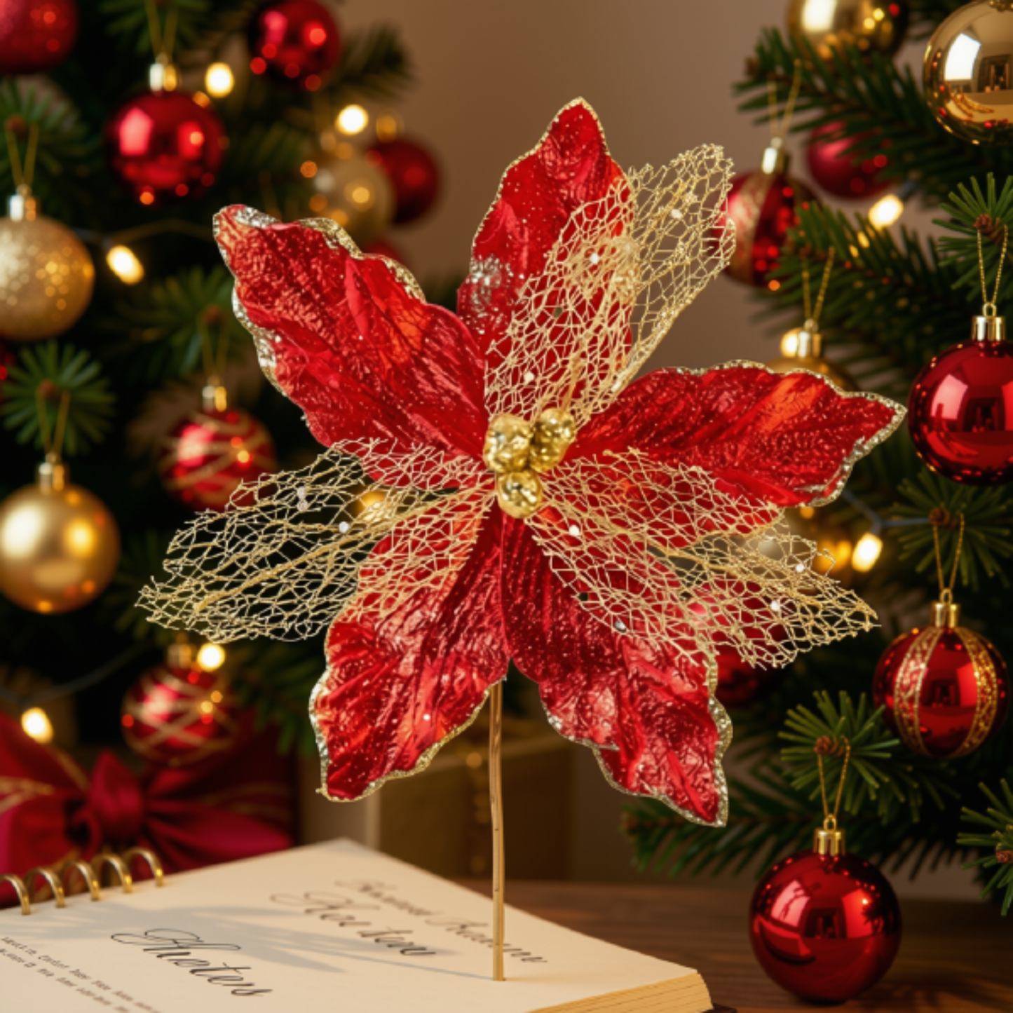 Kit 2 Flores Artificiais para Arranjo Decorativo com Glitter Dourado Vermelho 30cm*23cm