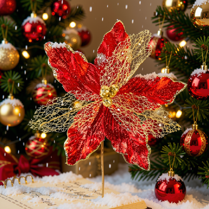 Kit 2 Flores Artificiais para Arranjo Decorativo com Glitter Dourado Vermelho 30cm*23cm