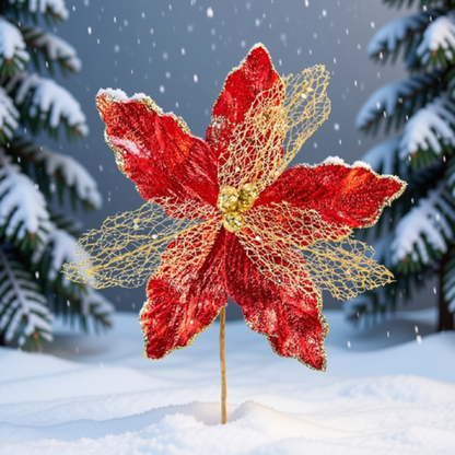 Kit 2 Flores Artificiais para Arranjo Decorativo com Glitter Dourado Vermelho 30cm*23cm