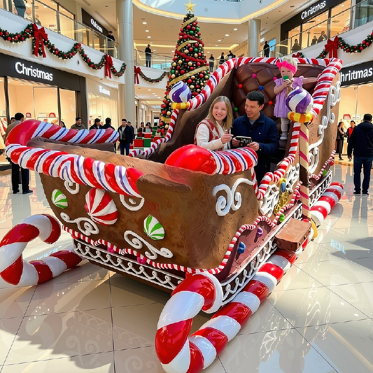 Trenó de Natal Gigante com Tema de Biscoito de Gengibre e Papai Noel Real para Shopping