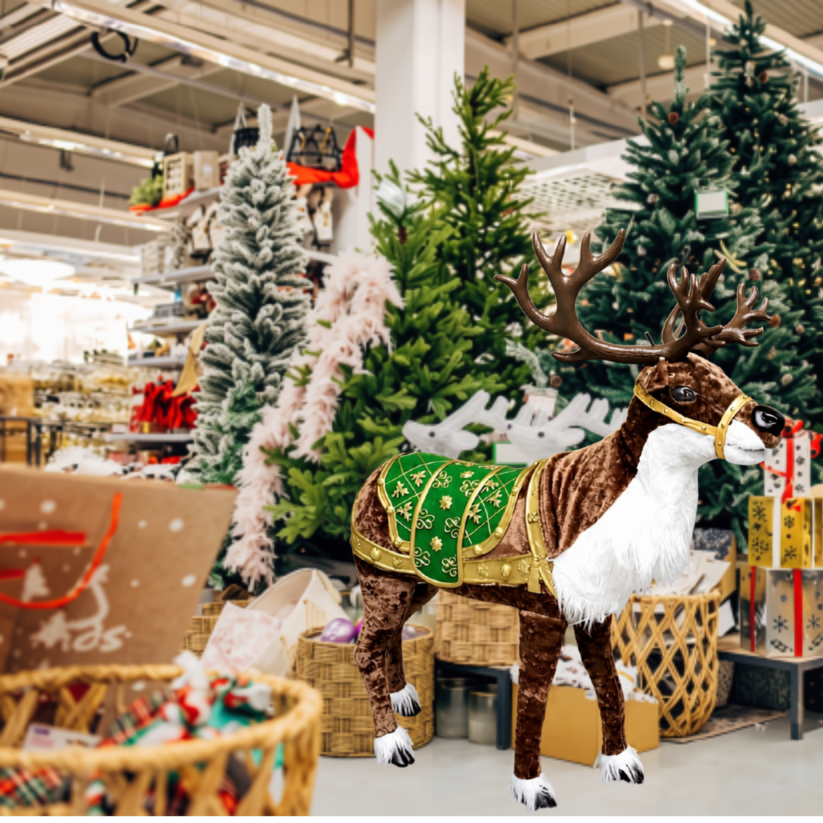 Rena de Natal Realista Gigante com Som e Movimento Animatrônica Luxo 1,40m, Shopping
