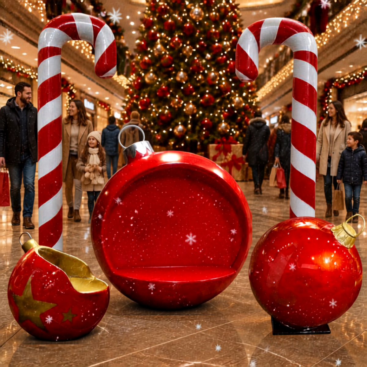 Decorações de Natal Comerciais de Exterior em Fibra de Vidro, Bolas Natal Gigantes Assento