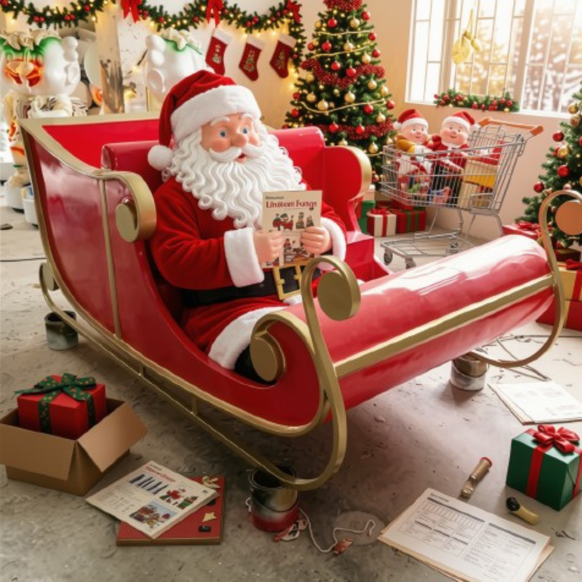 Decoração de Natal de Trenó de Papai Noel, Vermelho e Trenó Gigante de Natal Shopping