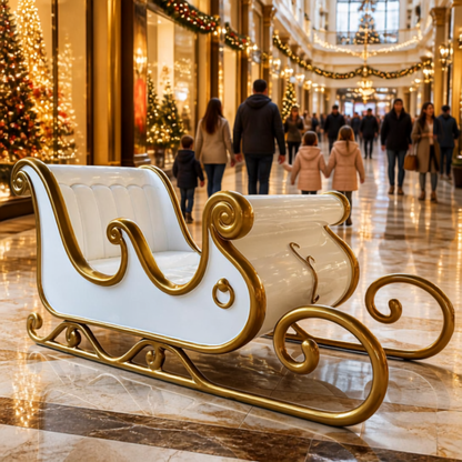 Trenó do Papai Noel Gigante Cenográfico (Branco e Dourado) Shopping Center