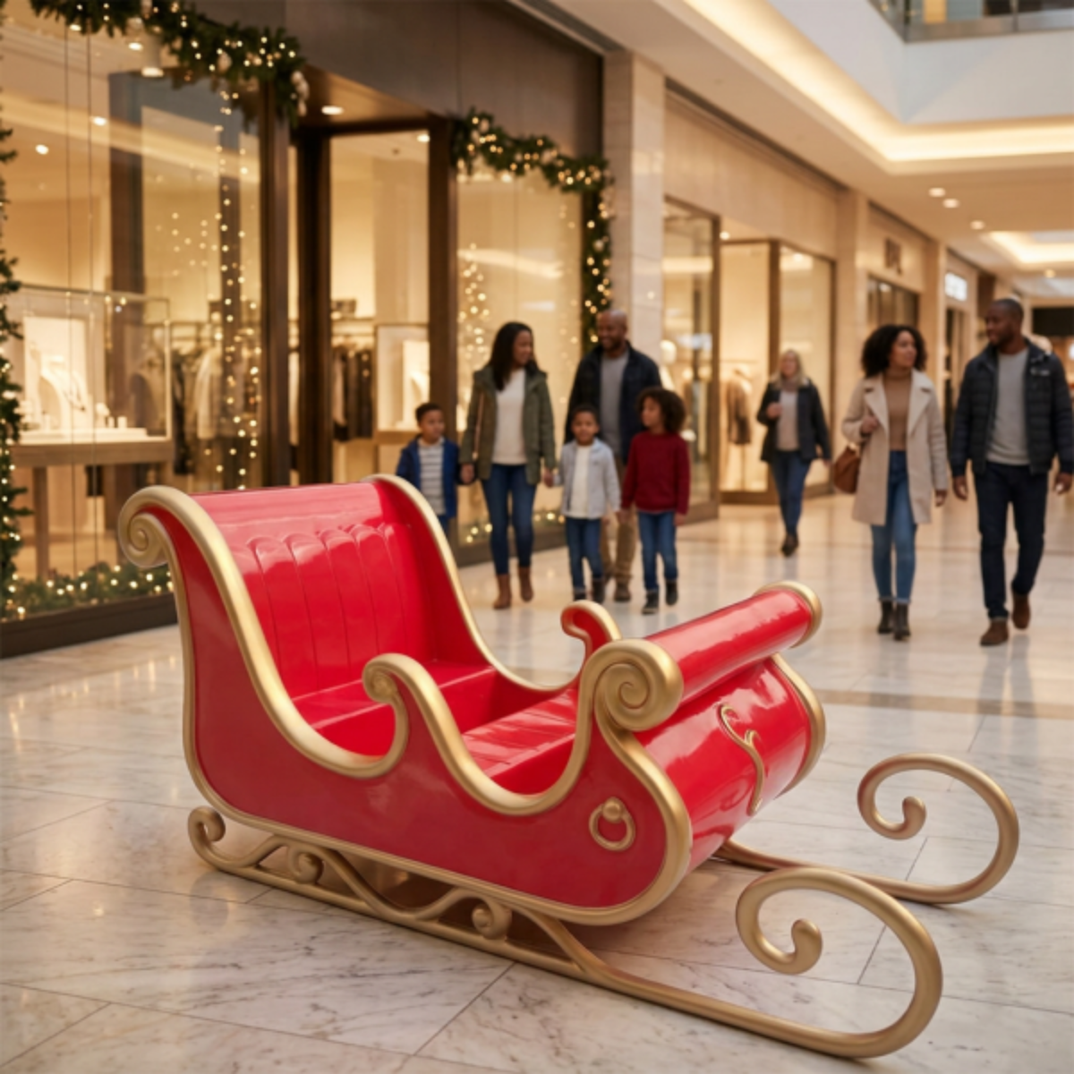 Trenó do Papai Noel Gigante Cenográfico (Branco e Dourado) Shopping Center
