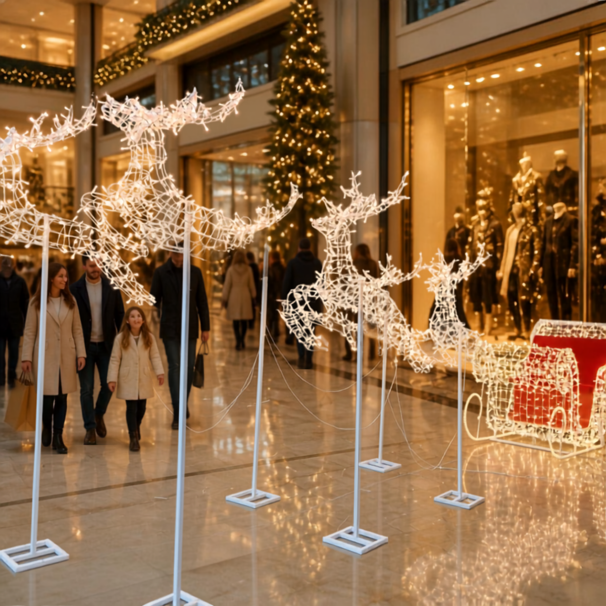 Trenó Iluminado com Detalhes à Direita Escultura 3D Natalina LED para Shopping Center