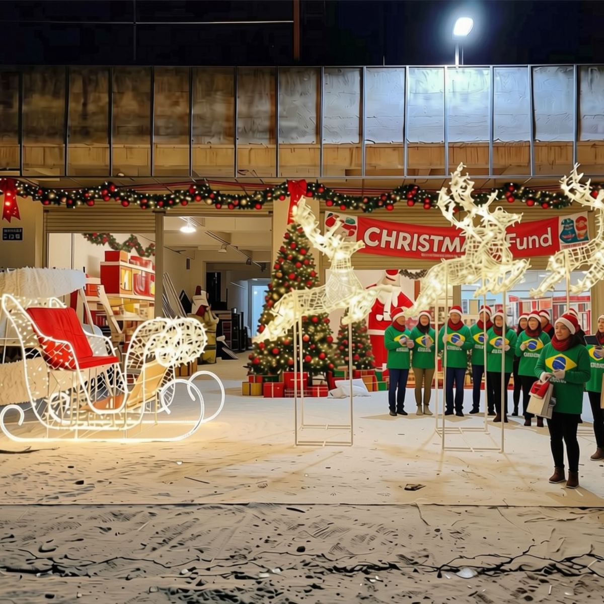 Trenó Iluminado com Detalhes à Direita Escultura 3D Natalina LED para Shopping Center