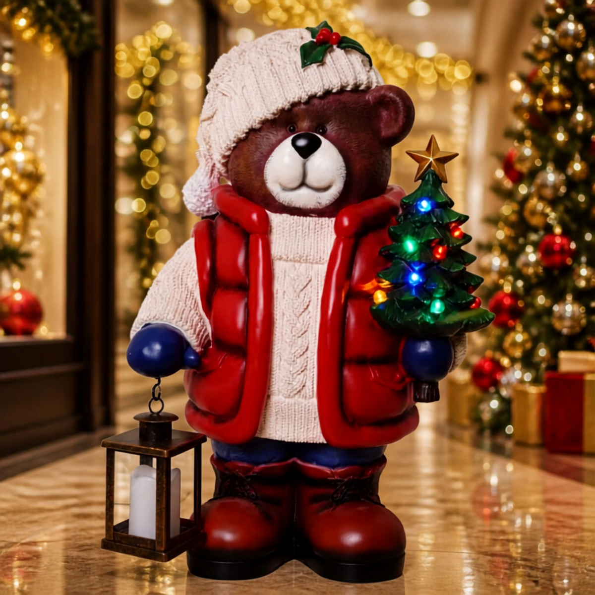 Urso com Árvore de Natal e Luz Iluminação: 10 Diodos LED Coloridos Árvore Iluminada