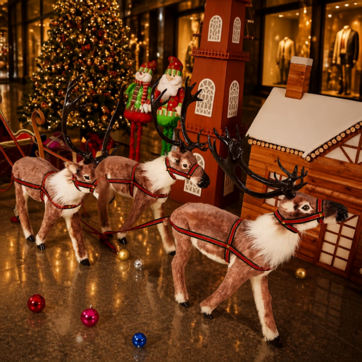 Kit com 3 Renas de Natal Realistas para Trenó, Escultura Natalina LED para Shopping Center