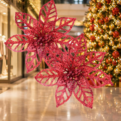 Flor Natalina Bico-de-Papagaio (Poinsétia) Vazada com Glitter Vermelha Kit 8 Flores