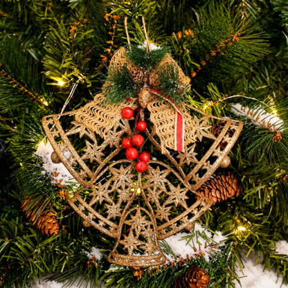Enfeite Pendente Natal Sino Vazado Dourado 25cm, Sino Pendente de Natal para Decoração