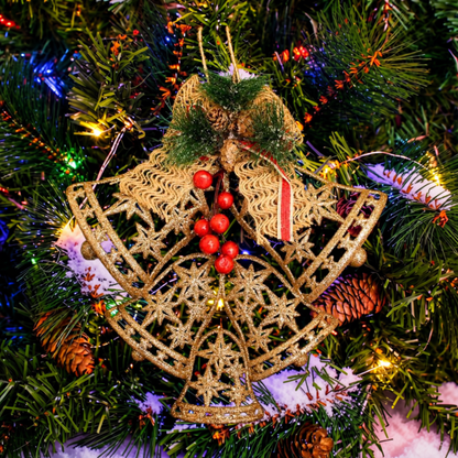 Enfeite Pendente Natal Sino Vazado Dourado 25cm, Sino Pendente de Natal para Decoração