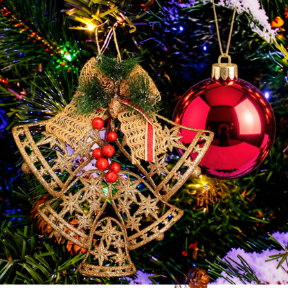 Enfeite Pendente Natal Sino Vazado Dourado 25cm, Sino Pendente de Natal para Decoração