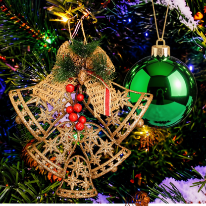 Enfeite Pendente Natal Sino Vazado Dourado 25cm, Sino Pendente de Natal para Decoração