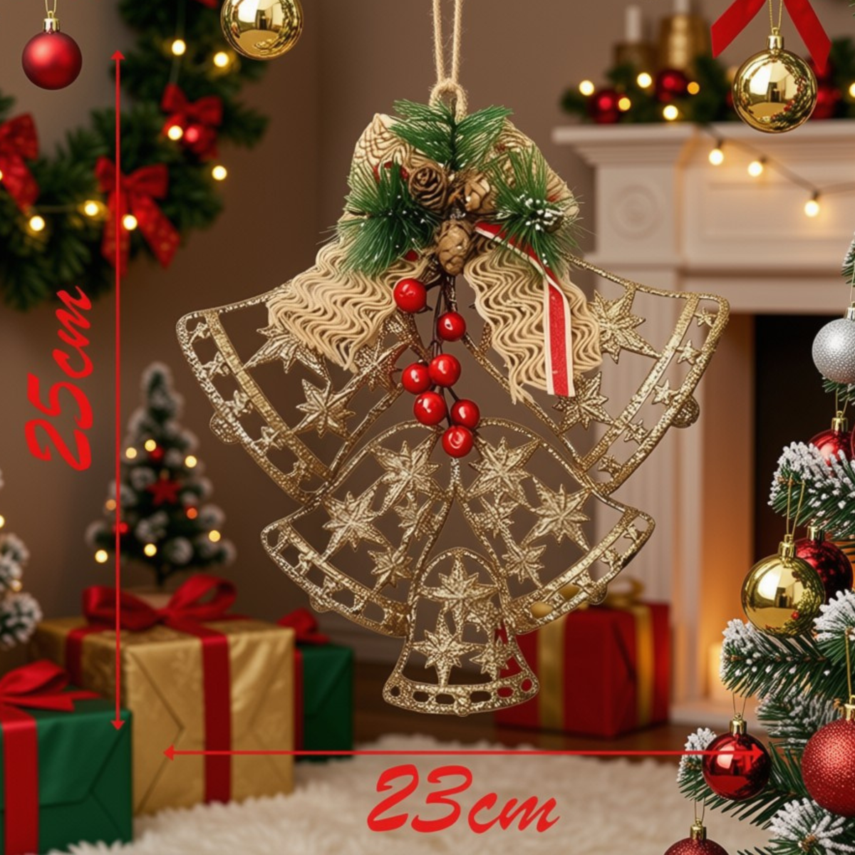Enfeite Pendente Natal Sino Vazado Dourado 25cm, Sino Pendente de Natal para Decoração